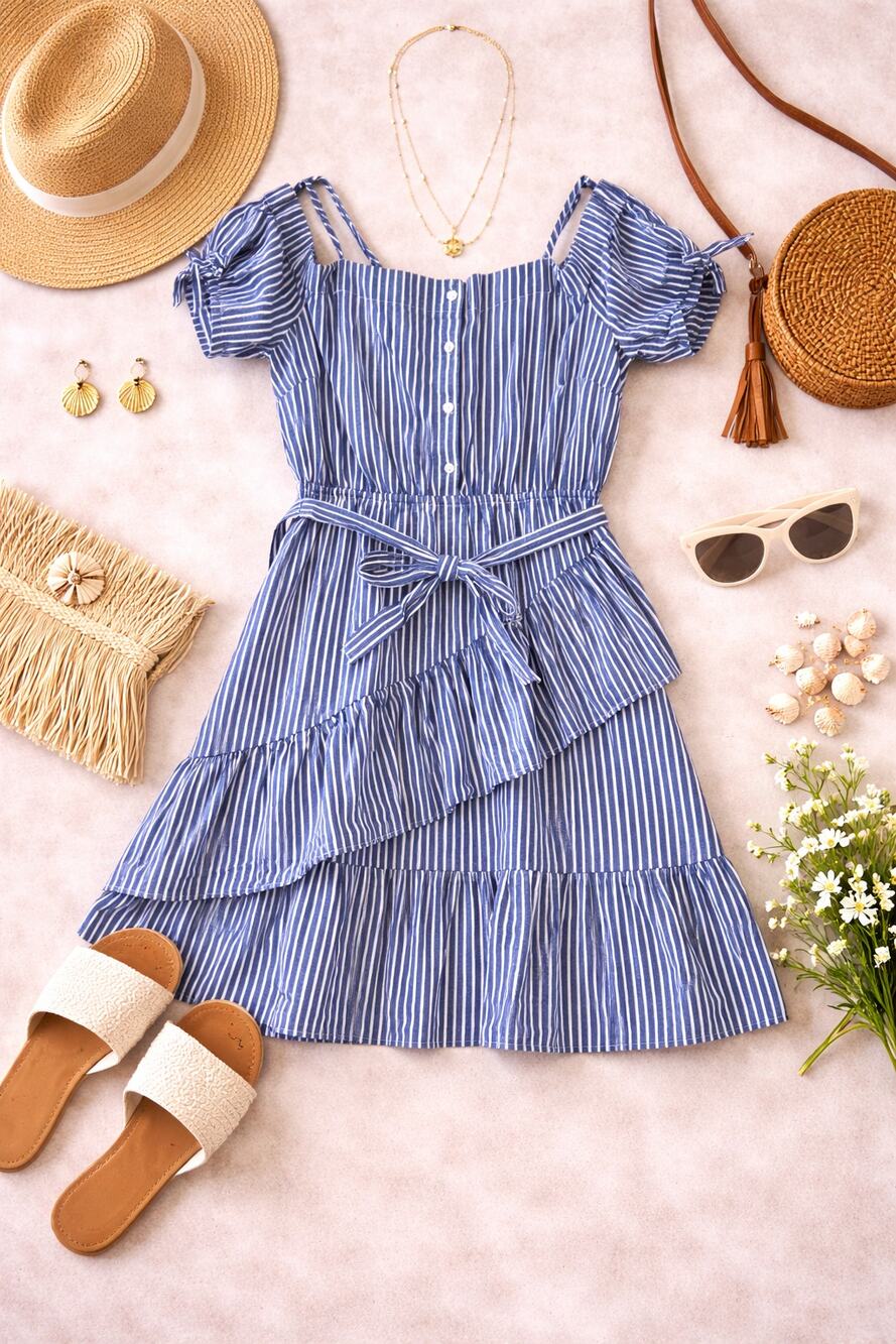 ASOS Blue White Striped Dress Womens 10 Ruffle Off Shoulder Cottagecore Mini